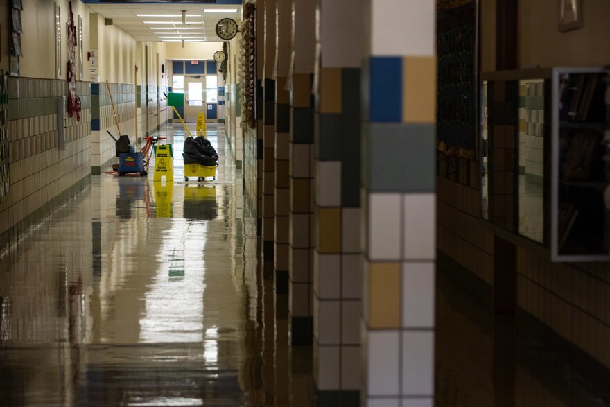 The hallway is empty at Galindo Elementary School in South Austin in July. 