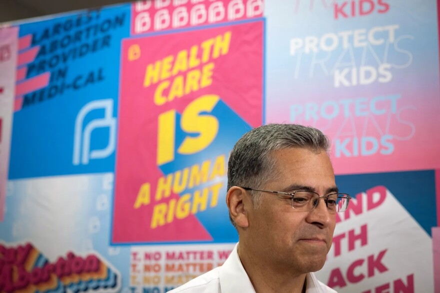 Gubernatorial candidate Xavier Becerra at the Planned Parenthood offices in Sacramento on June 1, 2026.