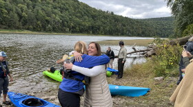 State Sen. Lisa Baker, right, hugs Cindy Adams Dunn, Department of Conservation and Natural Resources secretary 