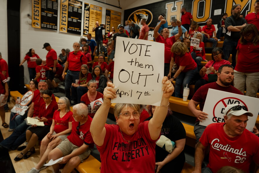 Festus, Missouri, resident Mary Youmans calls for the ouster of the Festus City Council on March 30, 2026, after it approved a plan to develop a $6 billion data center in the city.