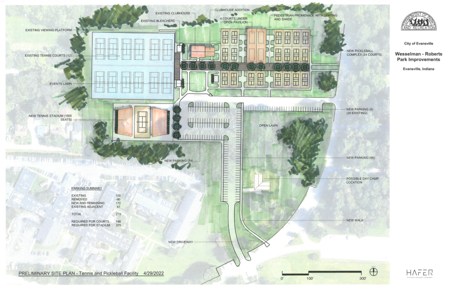 A conceptual design for a possible pickleball/tennis court facility in Wesselman-Roberts Park, Evansville.