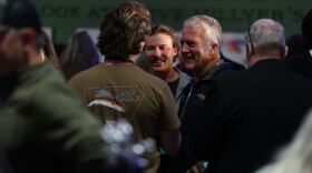 U.S. Sen. Dan Sullivan arrived at his election watch party at the Alaska Aviation Museum in Anchorage the evening of Tuesday, Aug. 18, 2026.