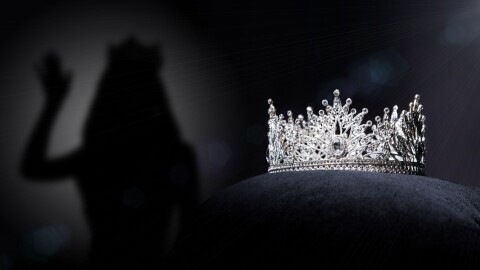 Diamond Silver Crown for Miss Pageant Beauty Contest, Crystal Tiara jewelry decorated gems stone and abstract dark background on black velvet fabric cloth