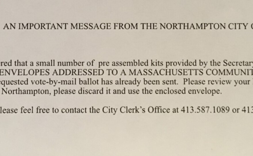 A letter send by the city clerk in Northampton, Massachusetts, to voters who may have received a vote-by-mail return envelope addressed to the wrong town.