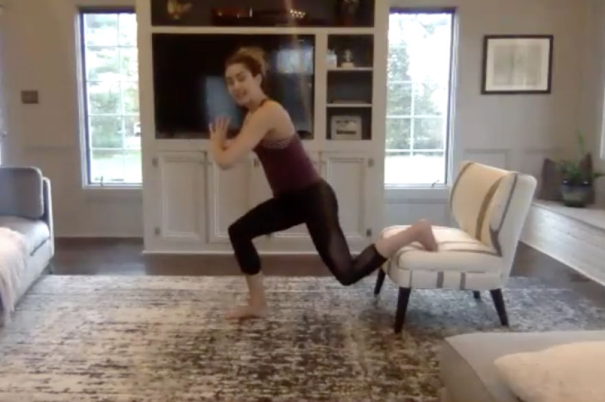 Elizabeth Heidari teaches an exercise class through Zoom, a videoconferencing platform.