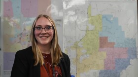 Kylie Moreland, the Monroe County Elections Supervisor poses in her office in Bloomington, Ind., Tuesday, Feb. 13, 2024. Moreland, 24, worked on the municipal election in November as assistant to the election supervisor and was promoted to the supervisor role Feb. 12.