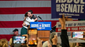 Democratic U.S. Senate candidate Abdul El-Sayed embraces New York Rep. Alexandria Ocasio Cortez at a rally on Thursday, October 16, 2026