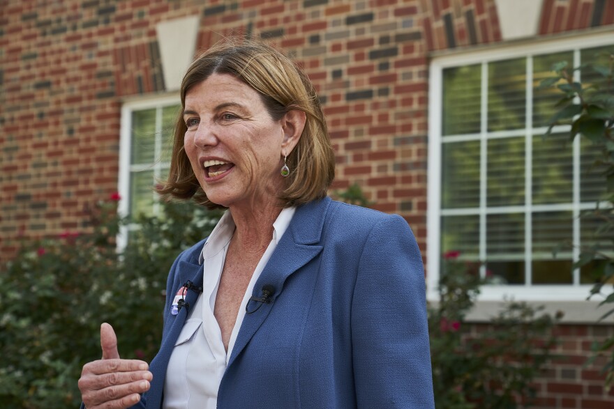 Trudy Busch Valentine, Democrat running for U.S. Senate, after casting her vote at the Ladue City Hall polling place in the Missouri’s Primary election on Tuesday August 2, 2022.  