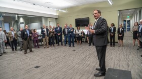 TAMUC president Mark Rudin addresses a crowd gathered to learn about the university's Venture College project.