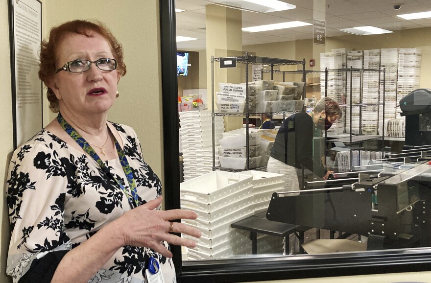 Clackamas County Clerk Sherry Hall speaks at the elections office on May 19 in Oregon City, Ore.