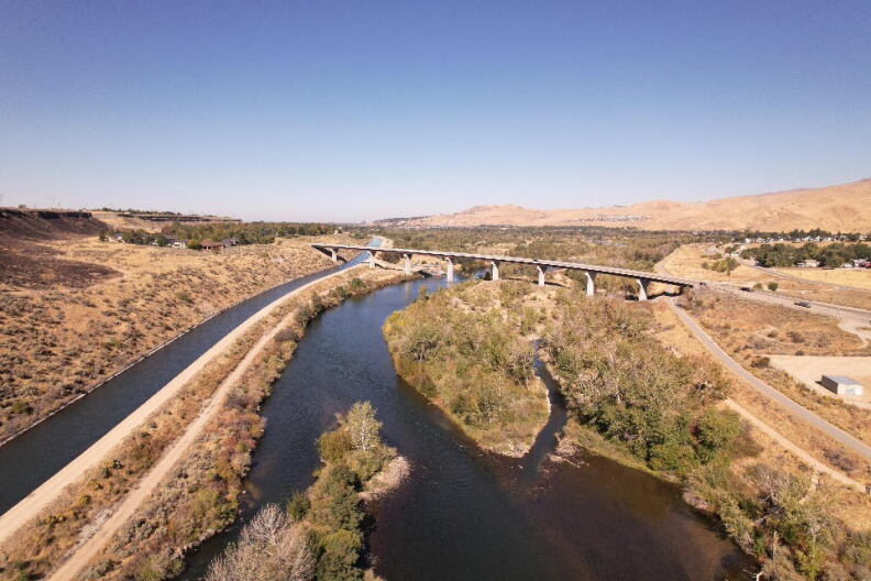 Drone photo of the river channel restoration site.