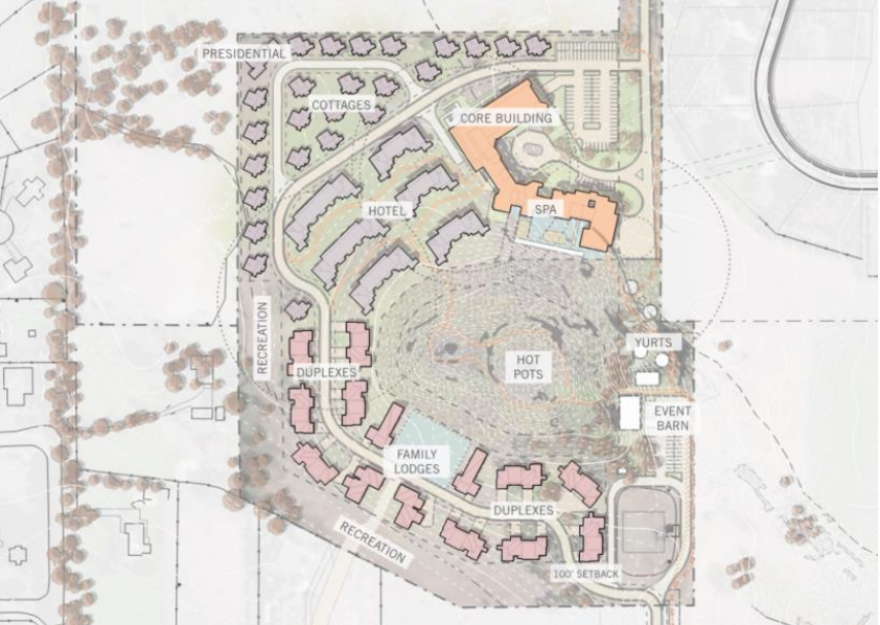 A layout plan shows the full scope of the Ameyalli Resort, including homes for phase one and cottages, a hotel and a wellness center core building in phase two.