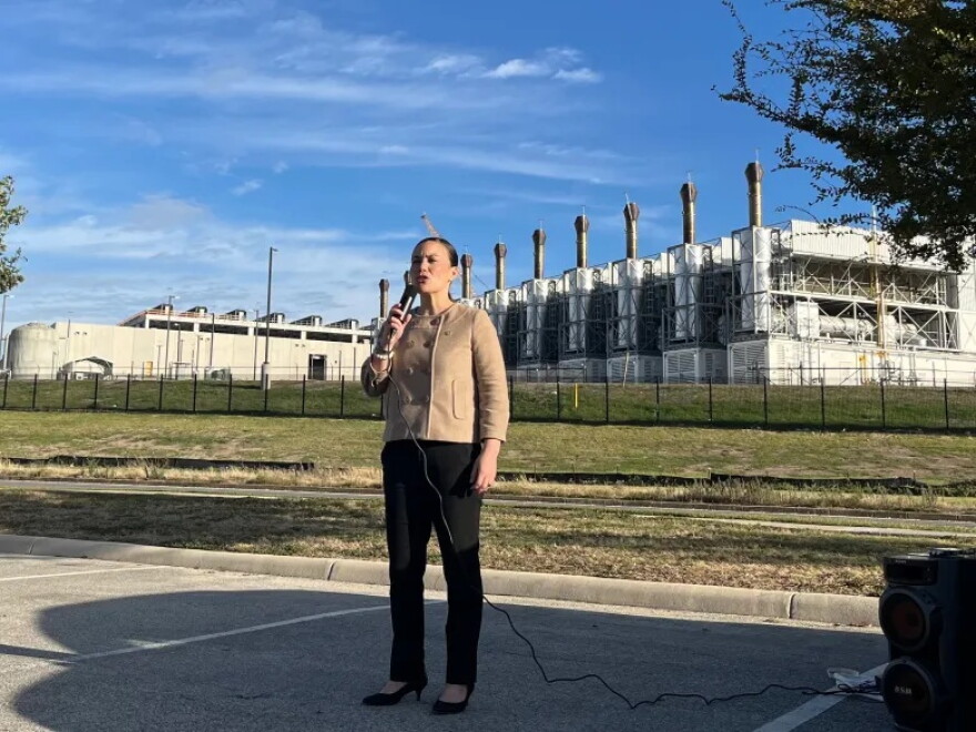 Mayor Gina Ortiz Jones speaks about her data center policy proposal outside a data center on Lambda Drive in Far West Bexar County on Oct. 26, 2026.