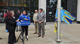 St. Mary’s School of the Deaf student Yhindi Garcia, in blue, uses sign language to describe the impact of International Deaf Awareness Week.