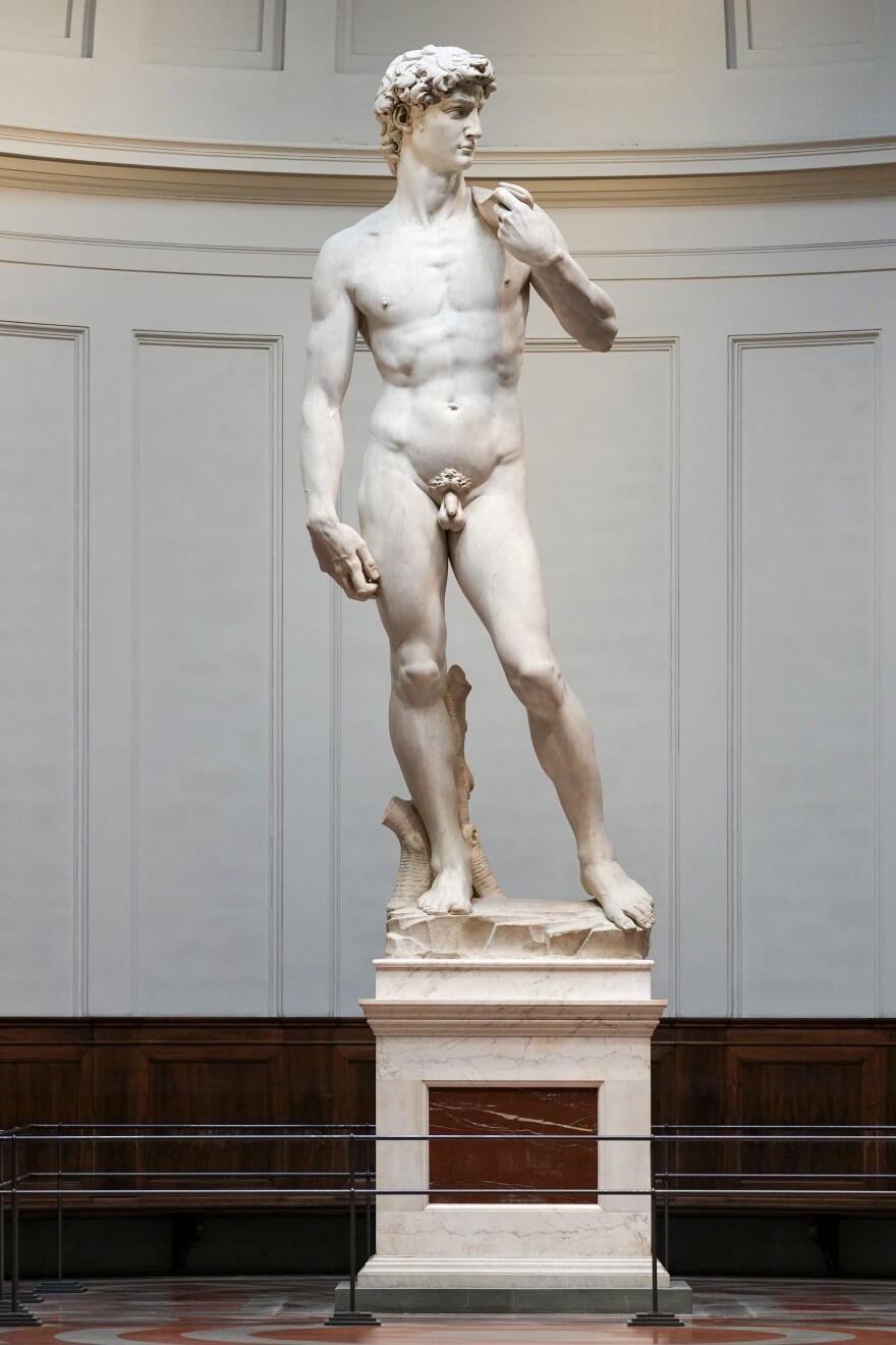 Michelangelo's 16th century statue of David is seen on display at the Accademia gallery, in Florence, central Italy, Monday, March 18, 2024 showing a full length view of the entire statue.