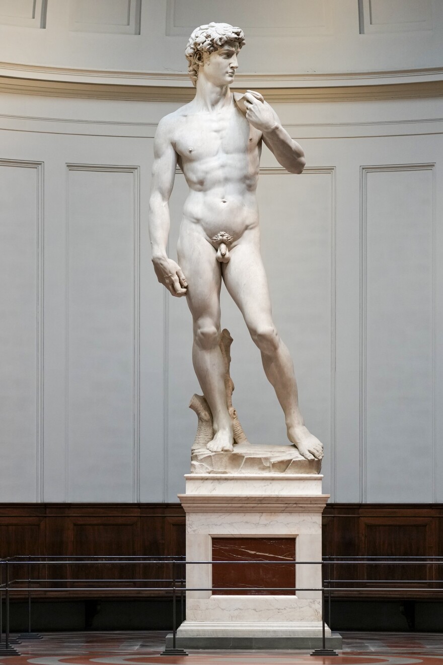 Michelangelo's 16th century statue of David is seen on display at the Accademia gallery, in Florence, central Italy, Monday, March 18, 2024 showing a full length view of the entire statue. 