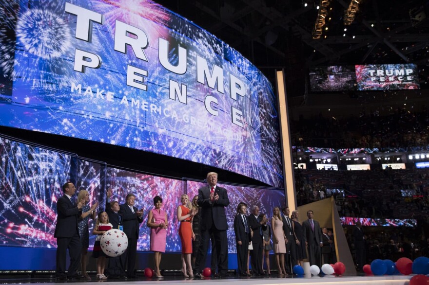 Republican presidential candidate Donald Trump celebrates on the final night of the Republican National Convention, Thursday, July 21, 2016, in Cleveland. (Evan Vucci/AP)