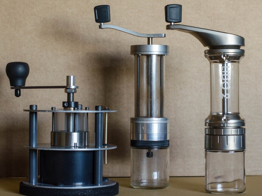 The Lido 2 (far right) is the latest hand grinder produced by the Garrotts. Their previous efforts were the well-regarded Pharos (left) and Lido 1 (center).