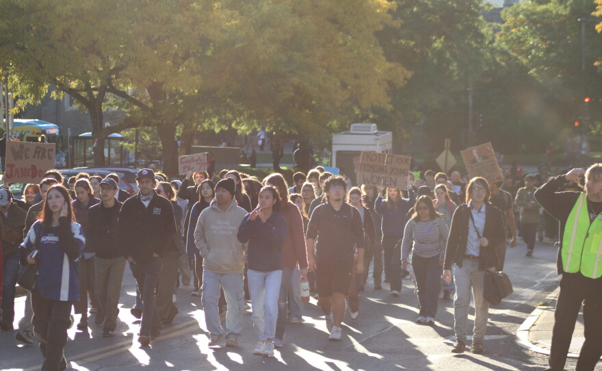 A large crowd gathered on Cornell’s campus Monday afternoon to show support for a Cornell student, known as Jane Doe, who alleges she was raped by fraternity members on campus in 2024.