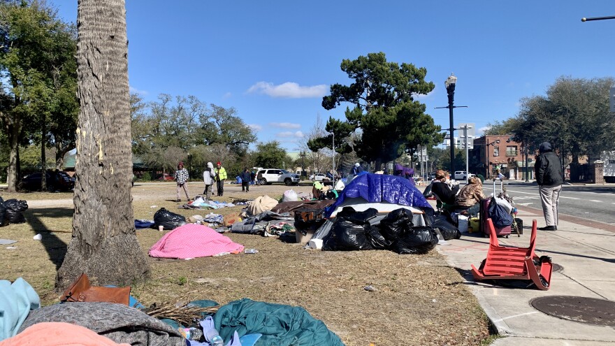 A Jacksonville homeless encampment on Jefferson St. is pictured.