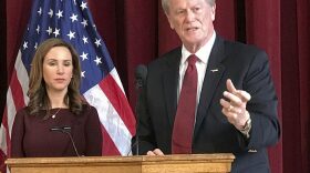 Florida State University President John Thrasher and Vice President for Student Affairs Amy Hecht discuss the partial lifting of the fraternity and sorority suspension on Monday, Jan. 29, 2018 at Florida State University in Tallahassee, Fla. Thrasher said on Monday that organizations are immediately allowed to hold philanthropy events and recruit members. (AP Photo/Joe Reedy)