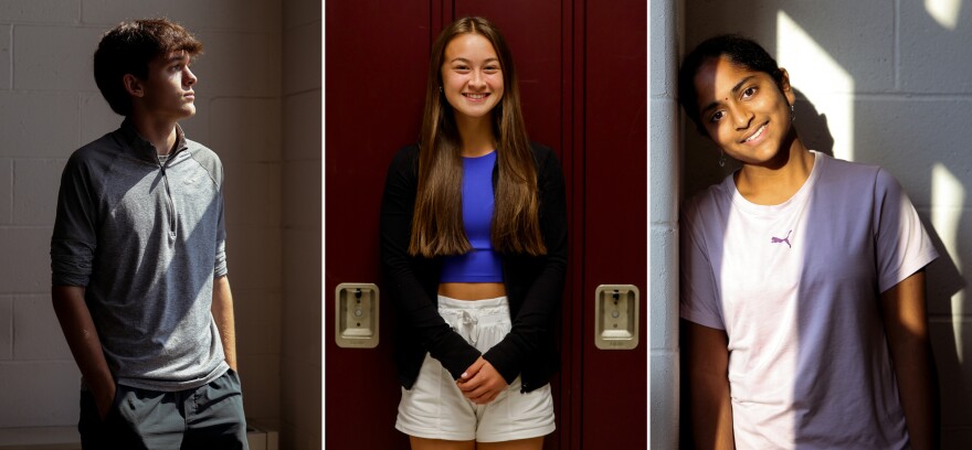From left: Rockwood Summit High School junior Brody Husted, senior Sarah Hou and freshman Manvitha Gutta at the school in Fenton.