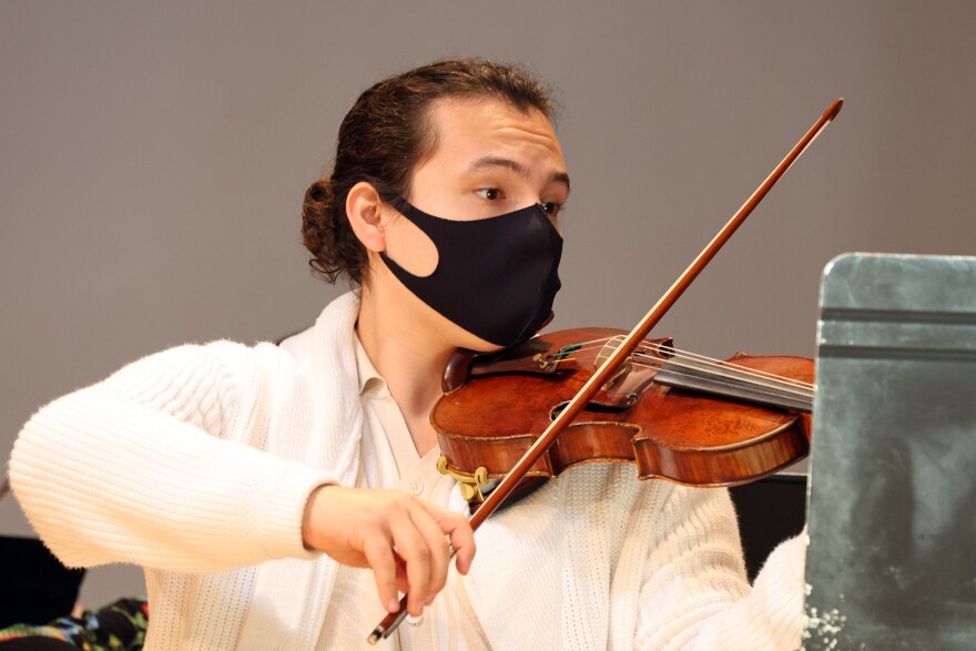 FIU Symphonic Orchestra first chair violin and current concert master of the FIU Symphony Orchestra Gianluca Nagaro performs at the Herbert and Nicole Wertheim School of Music & Performing Arts Nov. 18, 2025.