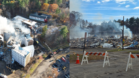 A fire at an apartment complex in Amherst, Massachusetts, the weekend of November 7, 2025, before and after the the building of 75 units partially collapsed and had to be demolished. Fire officials say 232 people were displaced, among them UMass confirms 230 where students. No injuries were reported. 