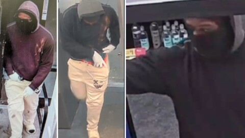 Surveillance footage shows a masked suspect in the middle of an armed robbery