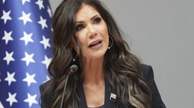 United States Secretary of Homeland Security Kristi Noem addresses the media during a visit to the Port of Antwerp in Antwerp, Belgium, Wednesday, Sept. 10, 2025. (AP Photo/Virginia Mayo)