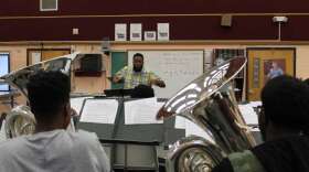 Jamaal Nicholas leads the Jones High School band in rehearsal, April 2017. Photo: Matthew Peddie, WMFE