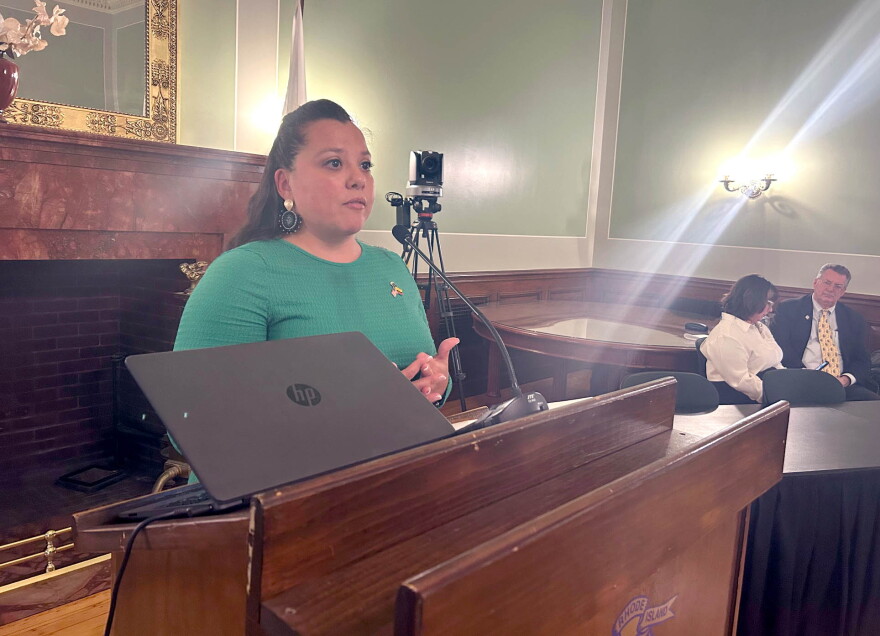 Rep. Karen Alzate, a Pawtucket Democrat and sponsor of legislation to tax the state’s top 1% of earners, speaks at a briefing at the State House on March 4, 2025.