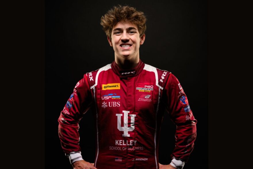 IU rising senior and USF Pro 2000 Series race car driver Joey Brienza in his new racing suit adorned with IU colors and logos.