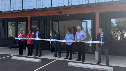 Oregon State University President Jayathi Murthy cuts the ribbon for the opening of PacWave, a wave energy generation testing facility, Aug. 27, 2026.