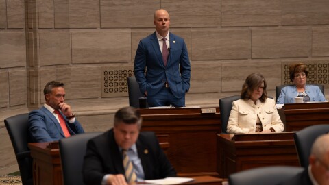 Senate Majority Leader Tony Luetkemeyer, R-Parkville, center, speaks during a special session on Wednesday at the state Capitol in Jefferson City.