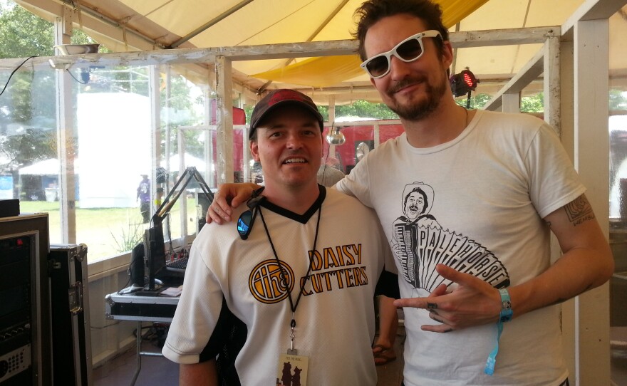 Joe Kendrick (L) and Frank Turner (R) in the Radio Bonnaroo tent at Bonnaroo in 2013