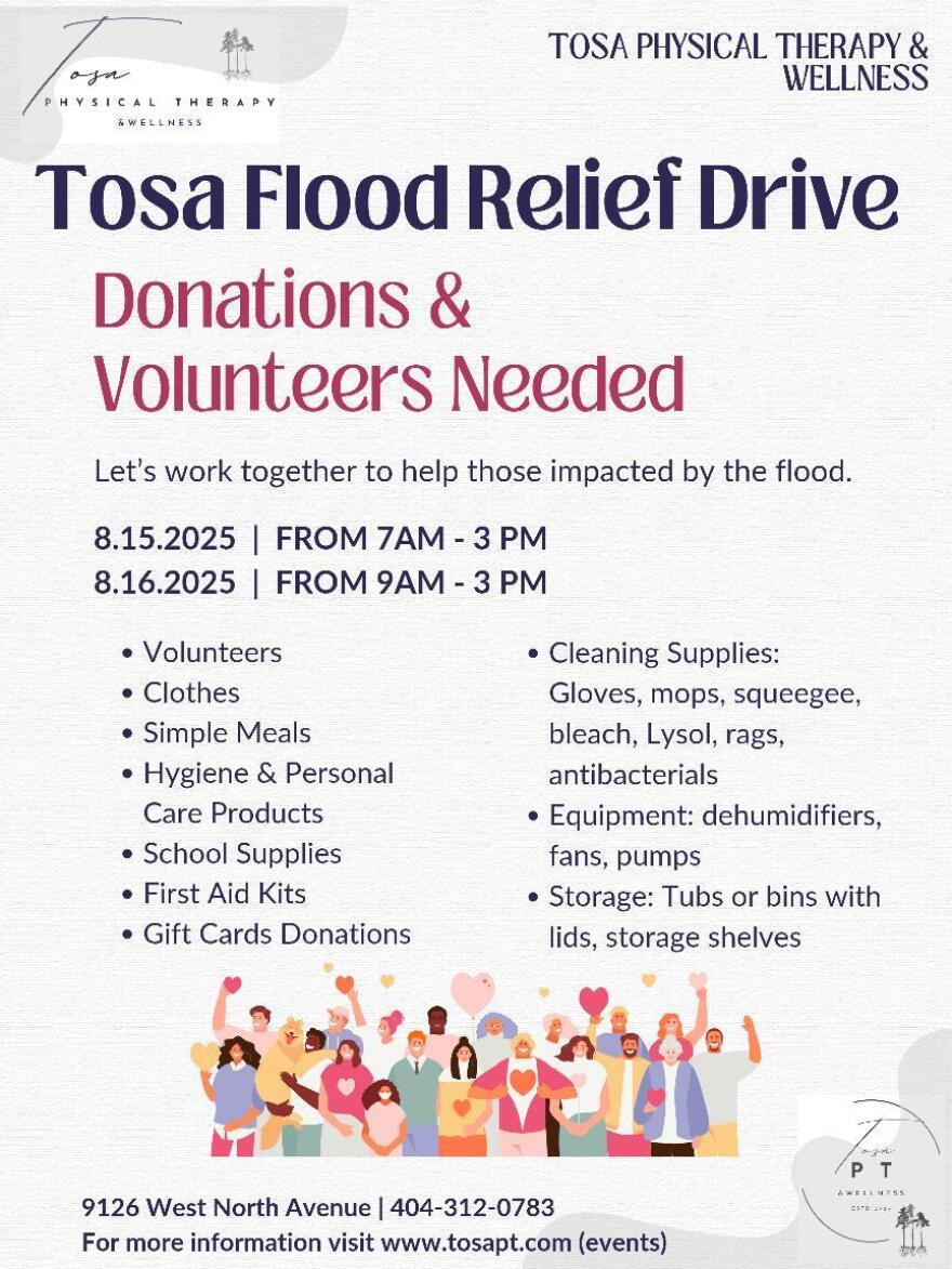 A flyer with information about a Wauwatosa flood relief drive on Friday, Aug. 15 and Saturday, Aug. 16.