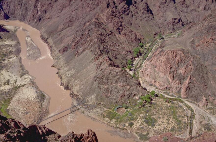 A view from above Phantom Ranch, the Colorado River and the Silver Bridge in the inner canyon.