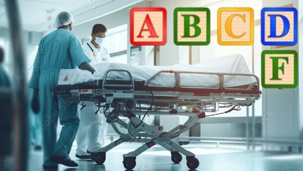 generic hospital hallway scene with health workers and an empty guerney