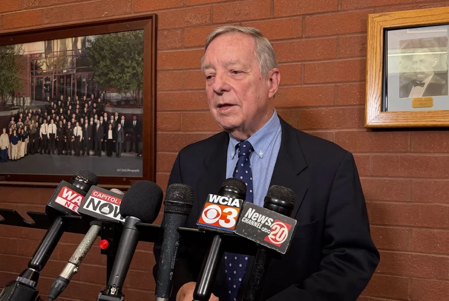 U.S. Sen. Dick Durbin speaks to reporters in Springfield on Thursday, Nov. 13, 2025.