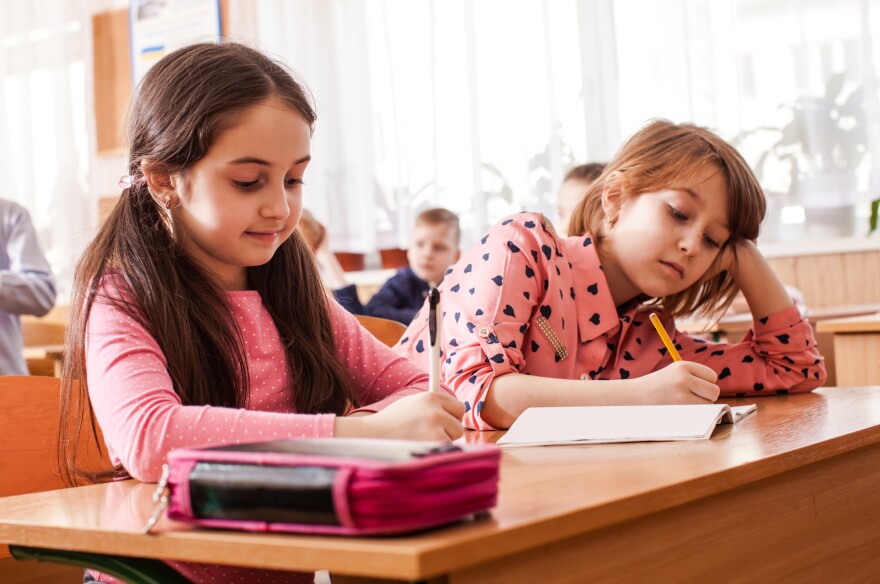 Girl is writing in the copybook on the lesson. 8 years old schoolgirl in the classrom. Interesting shcool life
