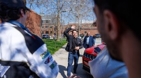 U.S. Senate candidate Abdul El-Sayed arrives in East Lansing, Mich., on April 7, 2026, for a rally with progressive influencer Hasan Piker at Michigan State University.