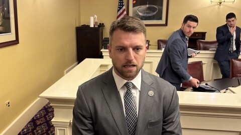House Finance Committee chair Jay Edwards (R-Nelsonville) talks to reporters after the House version of the budget was introduced.