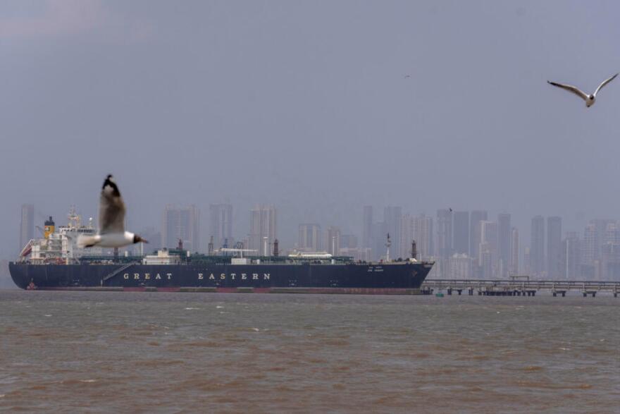 The Indian flagged LPG carrier Jag Vasant transporting liquefied petroleum gas, is seen at the Mumbai Port in Mumbai, India, after it arrived clearing the Strait of Hormuz, Wednesday, April 1, 2026. (Rafiq Maqbool/AP)