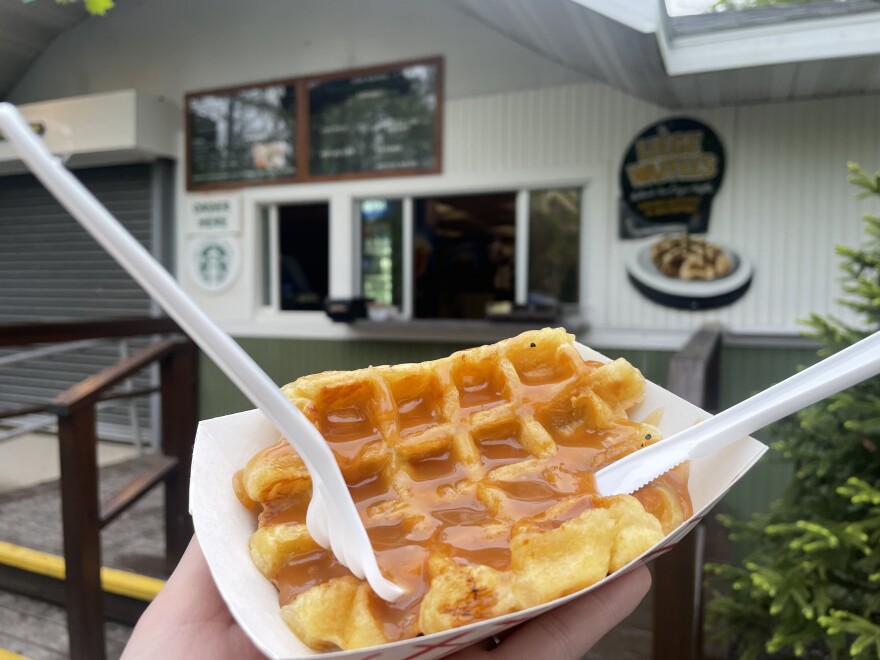 Liege waffles are newly available at Knoebels. They can be topped with caramel sauce (pictured), chocolate sauce, peanut butter, nutella, bananas, strawberries, whipped cream and/or vanilla ice cream.