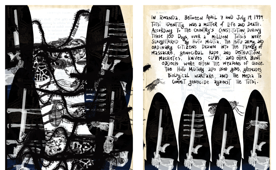 A collage of weapons, guns and machetes, detailing The Tutsi Genocide in Rwanda
