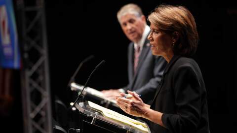 Gov. Dan McKee and Helena Foulkes faced off in a Democratic gubernatorial primary debate Tuesday, trading arguments over McKee’s record in office and Foulkes’ corporate background as the Sept. 9 primary approaches. Credit: Corey Welch/WPRI 12