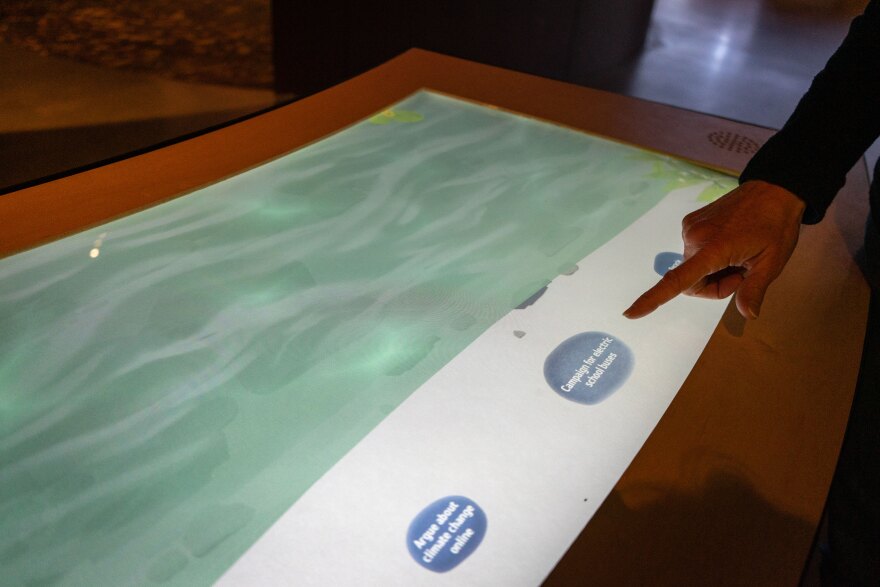 Museum visitors toss rocks in the virtual pond to see what difference different actions will make.