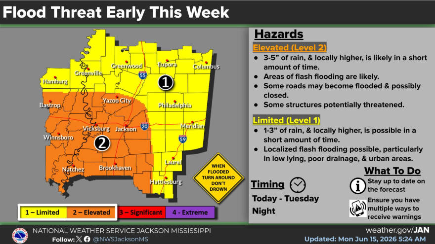 A map showing rainfall totaling 3 to 5 inches across the area
