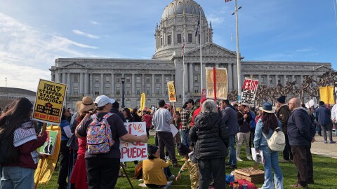Thousands of educators and community members rally at Civic Center Plaza on Feb. 9, 2026.